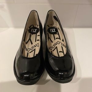 Fly London Luxor Pump Patent Leather Black Platform Slip-On Wedge Sz US 9-9.5/40